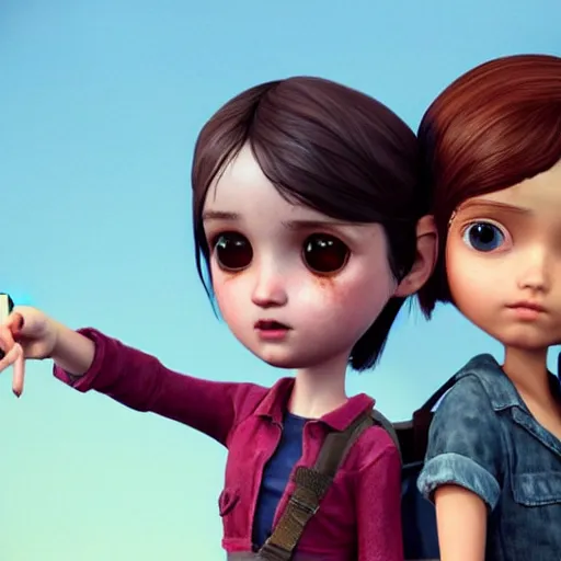 Prompt: Extremely cute and adorable 8k HD key visual of Ellie (The Last of Us) and Marinette Dupain-Cheng posing for the camera making a peace sign with their fingers, official media, designed by Mark Ryden and artgerm and Margaret Keane. The art style is quite chibi, with large heads and big wide eyes. 3D render diorama Macro photography
