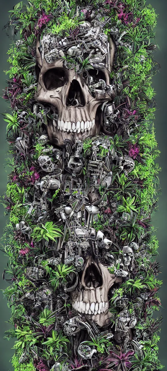 Image similar to robot skull degraded and filled with plants, stunning, 4 k, detailed,