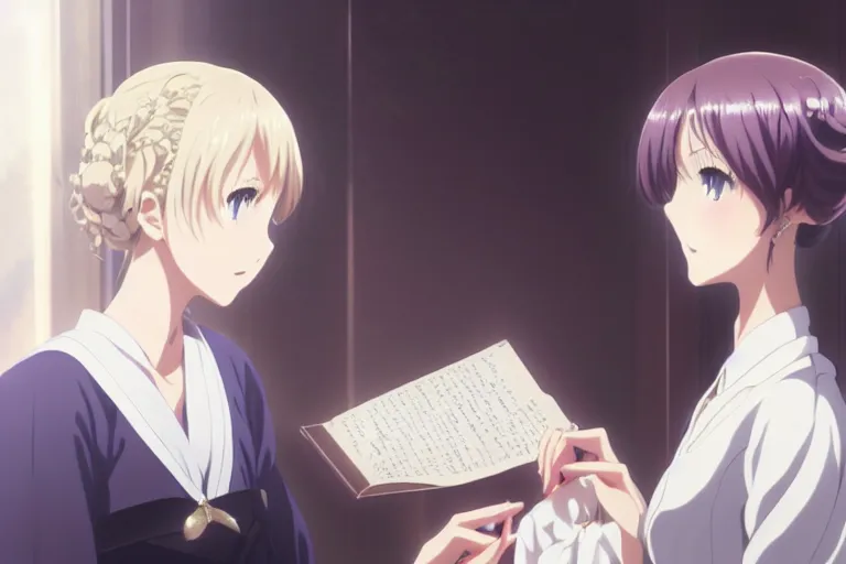 Image similar to portrait of two wise and very beautiful women discussing some texts appearing in a computer screen, anime key visual of violet evergarden, intricate, elegant, highly detailed, smooth, sharp focus, artstation