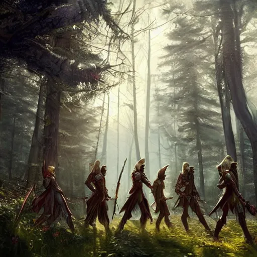 Image similar to elves with armors foot soldiers in rivendel forest city, epic masterpiece of cinematographic hyperrealism, realistic shaded lighting poster by craig mallismo, artgerm, jeremy lipkin and michael garmash, unreal engine, radiant light, detailed and intricate environment, digital art, art station trends