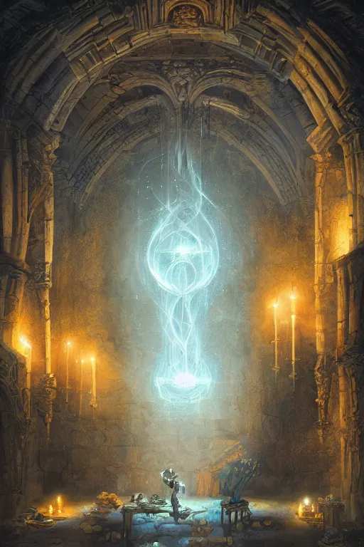 Prompt: Detailed Interior of Monastery Ruins, glowing blue orbs, light of god, light shafts, candles, stunning atmosphere, in Style of Peter Mohrbacher, cinematic lighting