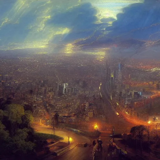 Image similar to bogota city, painted by thomas cole, with dramatic lighting, concept art, matte painting, 8 k, highly detailed, artstation