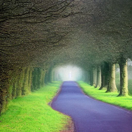 Image similar to Beautiful cameraphone, soft liminal Photograph of an estate road at early morning, hedge