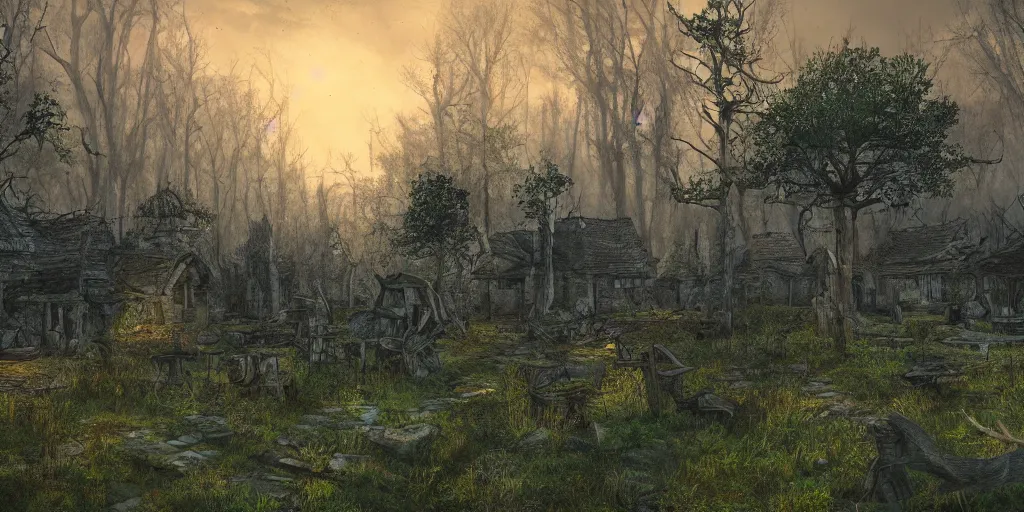 Image similar to an abandoned forest village in dnd at dusk, high definition