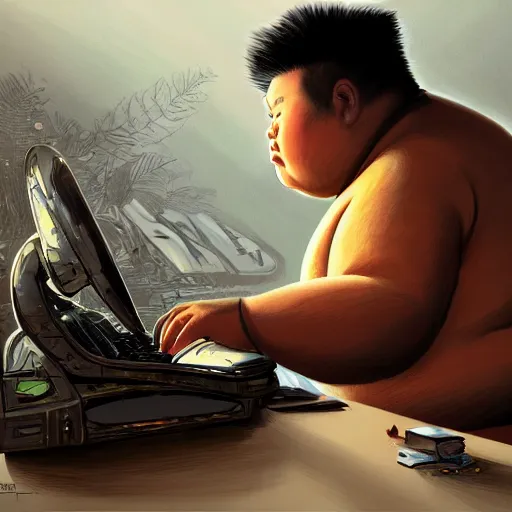 Image similar to an insanely detailed painting of a chubby asian man wearing a homemade superhero costumed, sitting at a computer desk typing on the keyboard, in the style of peter mohrbacher, dramatic lighting and composition, trending on artstation, concept art, comic book, graphic novel