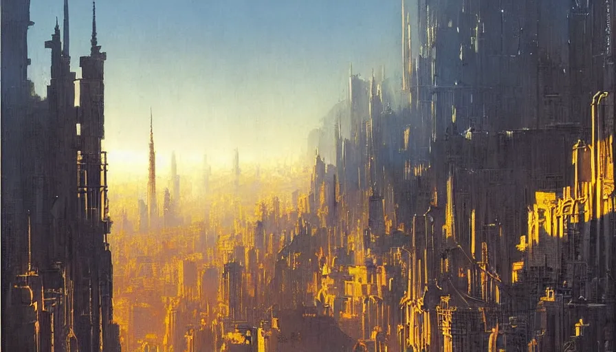 Image similar to city of golden shadows, intricate detailed painting, cityscape, john harris