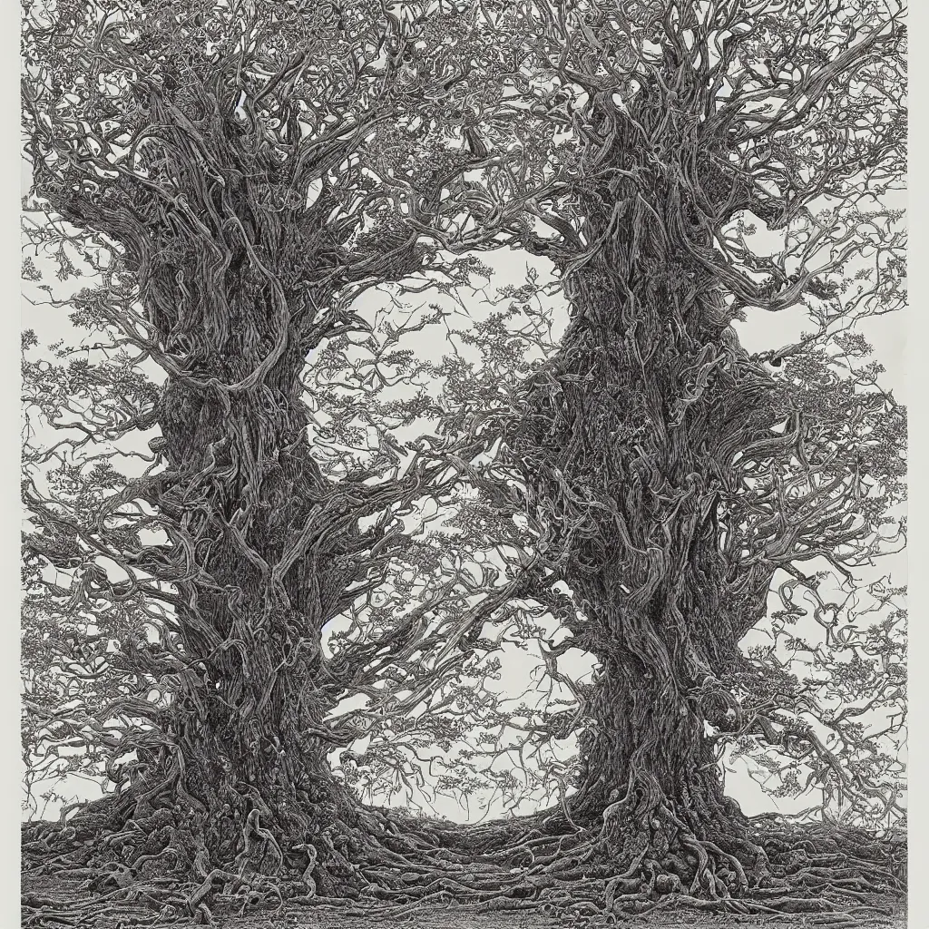 Prompt: tree of life, yggdrasil, moody lighting, by moebius, by laurie lipton