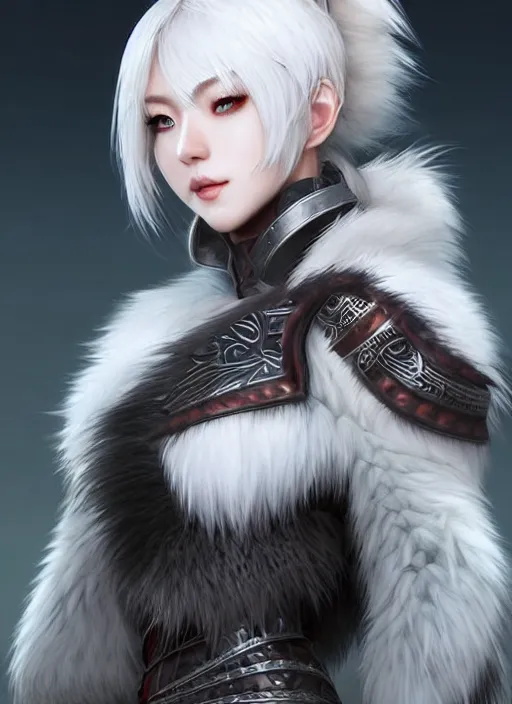 Prompt: warrior, fur - lined wolf armor!!! beautiful and elegant white hair female!! gorgeous ayes!! character concept art, sharp focus, octane render! unreal engine 5! highly rendered!! trending on artstation!! detailed linework!! illustration by artgerm, wlop, and chie yoshii