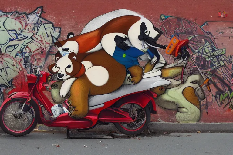 Image similar to a graffiti illustration by stom 5 0 0 and etam cru, of red pandas riding an elephant motorbike