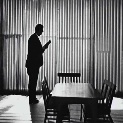 Prompt: wide angle of detective standing in apartment holding a bottle of alcohol, venetian blinds in the background, table and chairs against the wall, black and white, 4k, movie frame from 1940s noir film
