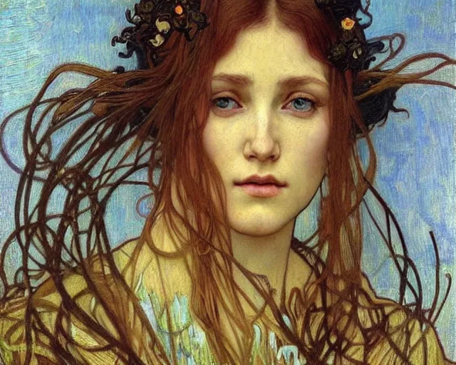 Image similar to detailed realistic beautiful young medieval queen face portrait by jean delville, alphonse mucha, vincent van gogh, and marco mazzoni, art nouveau, symbolist, visionary, gothic, pre - raphaelite