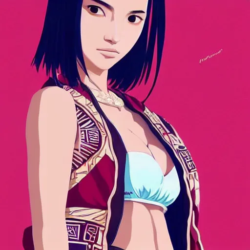 Image similar to a beautiful young japanese natalie portman alluring gravure model, stylized concept art, wearing elegant designer bomber jacket and one piece bikini, bomber jacket with mesoamerican patterns, mesoamerican native street fashion, princess mononoke, painted by ilya kuvshinov aesthetic, gorgeous, stunning, alluring, attractive, artstation, pinterest, digital art