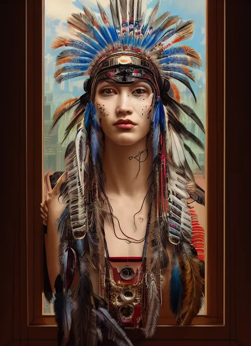 Image similar to seen through a window!! portrait of a cyberpunk machine, machine face, upper half portrait, decorated with feathers, native american, fine china, traditional chinese art, intricate, elegant, highly detailed, headpiece, digital painting, artstation, concept art, smooth, sharp focus, illustration, art by artgerm and greg rutkowski and alphonse mucha, 8 k