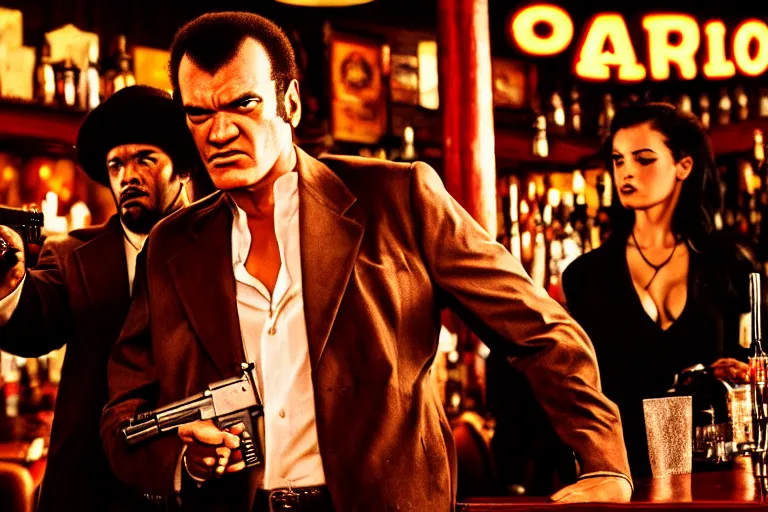 Prompt: portrait of a man in a bar, Tarantino Pulp Fiction style, guns, girls, realistic, sharp focus, 8k high definition, medium format film photography, insanely detailed