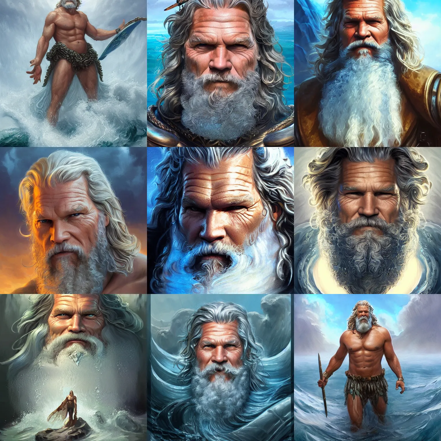 Prompt: poseidon, jeff bridges, god of the ocean, D&D, fantasy, portrait, highly detailed, digital painting, trending on artstation, concept art, sharp focus, illustration, art by artgerm and greg rutkowski and magali villeneuve