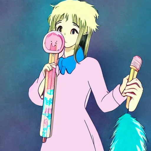 Prompt: ghibli style half cat half kpop idol with blue fur woman wearing a pink dress eating a popsicle.