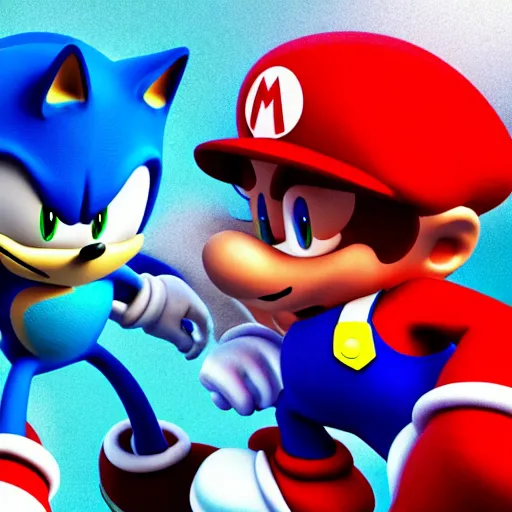 Prompt: sonic beating up mario while he bleeds, dslr, 8 k, octane beautifully detailed render, dark mood, cinematic lighting, detailed photo, masterpiece, volumetric lighting, ultra realistic, highly detailed, high quality, lossless, photorealistic