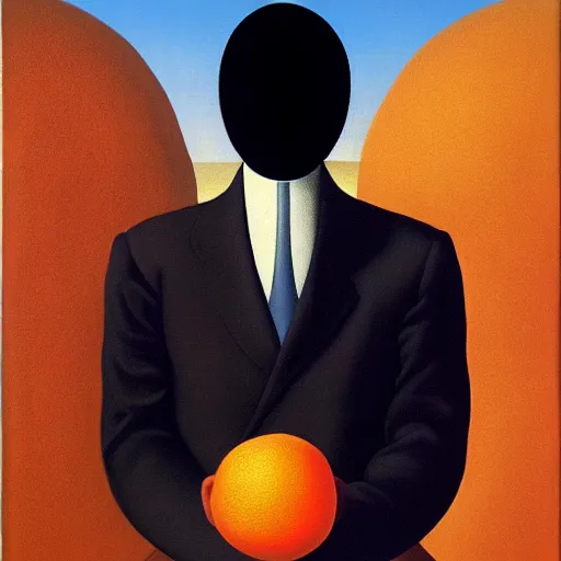 Image similar to the son of man but with an orange instead of an apple, painting by rene magritte, high detail, high resolution