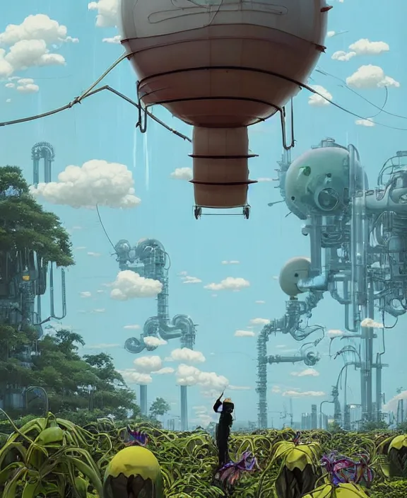 Image similar to simplicity, inflated industrial plant made from isopod wasp octopus, in the style of spaceship, overgrown with orchids, partly cloudy, somber, dramatic lighting, by geof darrow, bill sienkiewicz, dan mumford, yusuke murata, makoto shinkai, ross tran, cinematic, unreal engine, cel shaded, featured on artstation, pixiv