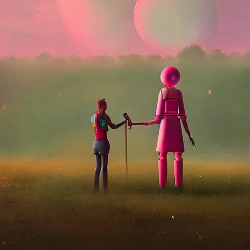 Image similar to a young girl and her tall humanoid robot going on a trip together, in a field, detailed, cinematic, cinematic lighting, by Simon Stalenhag