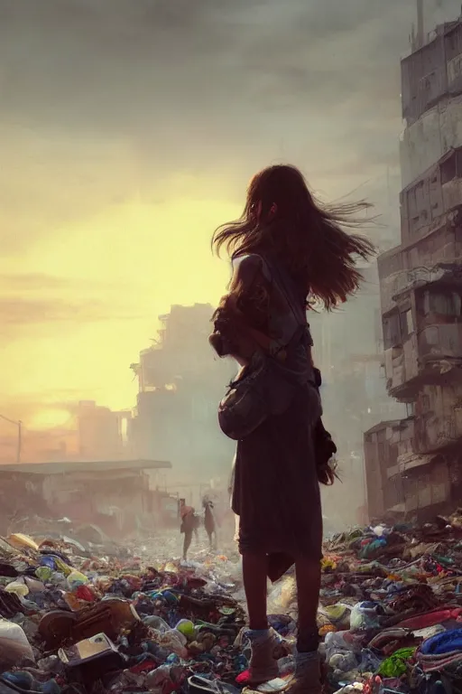 Prompt: poor detailed girl with backpack standing at cars looking for food at garbage dump, destroyed cars, city is pure wasteland, moody sunset in background, high details, sharp, photorealism, cinematic, greg rutkowski, alphonse mucha, trending on artstation, artgerm, unreal engine, breathtaking, award winning, highly detailed