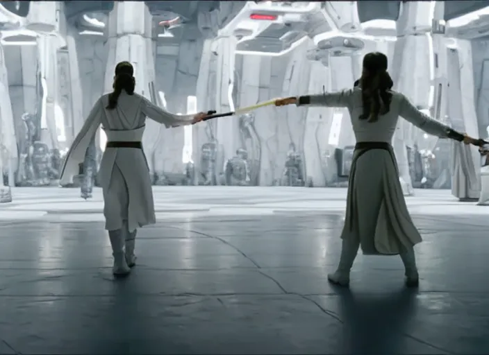 Image similar to Leia using the force at Jedi Temple scene from the last jedi, 2022, film by Stanley Kubrick, serene, iconic scene, stunning cinematography, hyper detailed, sharp, anamorphic lenses, kodak color film, 4k