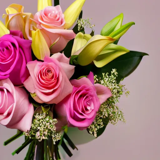 Image similar to studio photo of a bouquet of different shades of pink roses and lilies. window sun reflected in a light yellow background. amazing photography and lighting, bokeh,