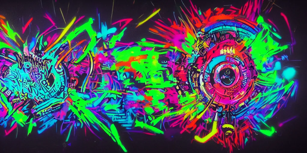 Image similar to a single gritty psychedelic graffiti art piece sprayed on a black background and surrounded by darkness, concept art, 4 k, unreal render, octane, trending on artstation, graphic design, dark color scheme