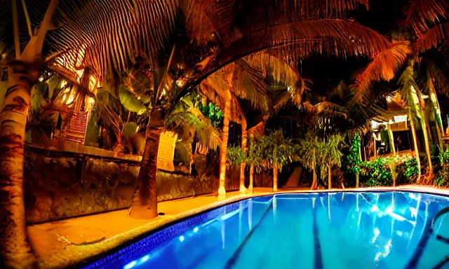 Prompt: indoor pool with ferns and palm trees at night, shops, pool tubes, chromatic abberation, dramatic lighting, dim lighting, horror lighting, depth of field, 80s photo, wideangle, fisheye