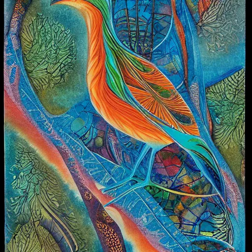 Image similar to tranquil by pegi nicol macleod fractal manifold, 1 9 8 0 s. a beautiful collage of a bird in its natural habitat. the bird is shown in great detail, with its colorful plumage & intricate patterns. the background is a simple but detailed landscape, with trees, bushes, & a river.