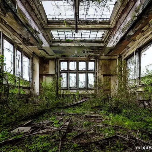 Image similar to an abandoned hospital overgrown and reclaimed by nature, Russian abandoned hospital