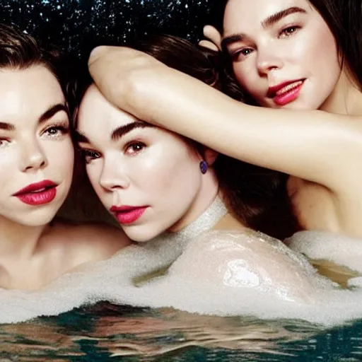 Image similar to stunning vogue magazine photo of dark - haired goddesses vanessa kirby, hailee steinfeld, and bjork smiling, legs intertwined, in a bubble bath, with wet faces!!, wet lips, smooth skin, perfect eyes, insanely detailed, elegant, by wlop, rutkowski, livia prima, mucha, wlop,