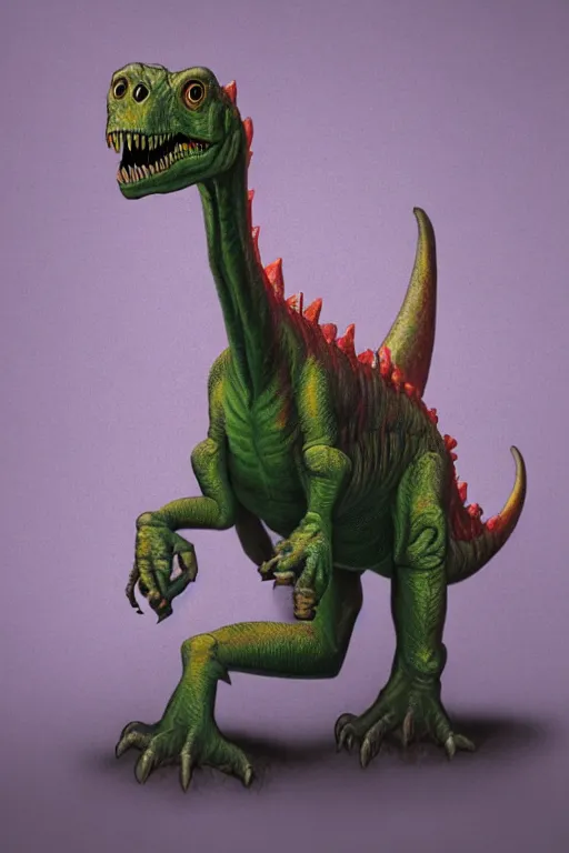 Image similar to irradiated dinosaur,painted by Rudolph Belarski and Ron Walotsky and Fred Fields and Glenn Chadbourne,trending on artstation, haunted lighting tilt-shift,still life ,tintype photo,Pixar ,creature concept art,telephoto lens ,