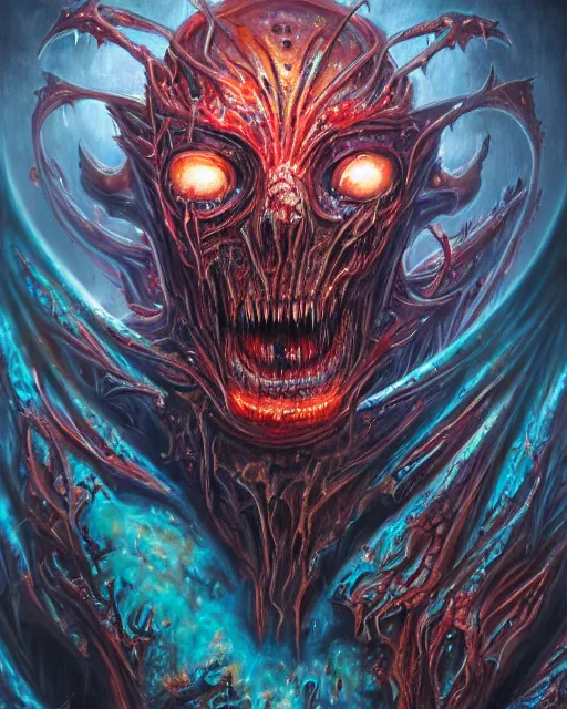 Image similar to charred bloody fleshmetal cyborg daemonhost psychedelic flamer of tzeentch, by antonio j. manzanedo, giger, alex grey, android jones, wayne barlowe, philippe druillet, raymond swanland, cyril rolando, josephine wall, harumi hironaka, cronenburg, trending on artstation