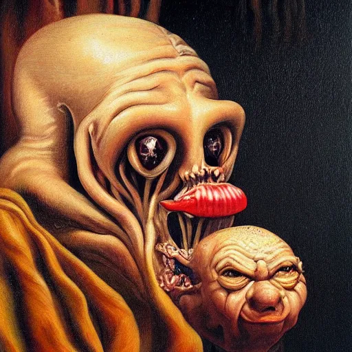 Image similar to oil painting with black background by christian rex van minnen robert williams todd schorr of a portrait of an extremely bizarre disturbing mutated man with acne intense chiaroscuro lighting perfect composition masterpiece