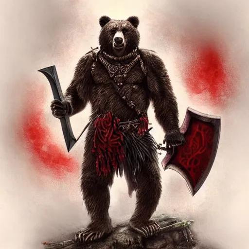 Image similar to Anthropomorphized Roaring Bear in full armor carrying big Axe, full body, menacing pose, concept art, insanely detailed and intricate, hypermaximalist, elegant, ornate, hyper realistic, super detailed, tribal red atmosphere, Art Deco, cinematic, trending on artstation, magic the gathering artwork