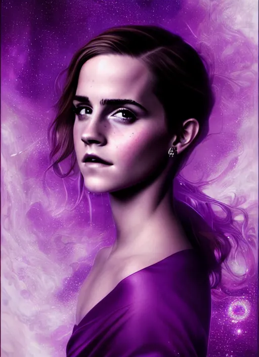 Prompt: portrait of emma watson, fractal glowing diagram bckground, intricate purple dress, digital art by artgerm and karol bak, cinematic lighting, trending on artstation