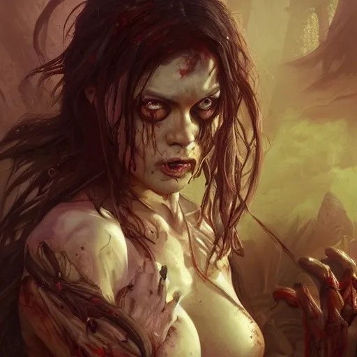 Image similar to muscular female zombie, deep focus, d & d, fantasy, intricate, torn clothing, highly detailed, digital painting, artstation, concept art, matte, sharp focus, illustration, hearthstone, art by artgerm and greg rutkowski and alphonse mucha