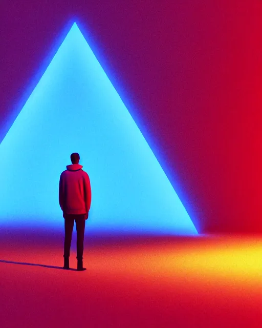 Image similar to a man standing in the middle of a mountain with a glowy neon triangle, a render by filip hodas, behance contest winner, environmental art, rendered in cinema 4 d, volumetric lighting