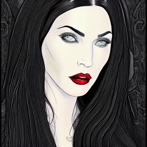 Image similar to impossibly detailed & intricate illustration portrait of megan fox as morticia addams as the vampire queen, colored, by josh kirby, super refined, 8 k, detailed line work