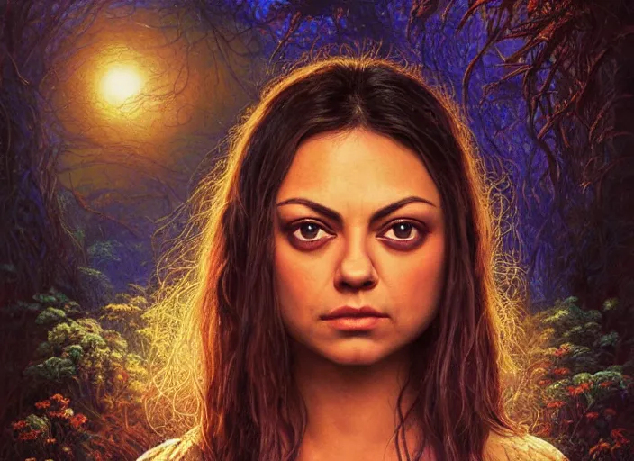 Image similar to big-eyed surprised Mila Kunis staring intensely into the camera, sundown golden hour firefly wisps, Lilia Alvarado, Sophie Anderson, Mark Arian, Bob Byerley, Charlie Bowater, Mark Brooks, Steve Henderson, Justin Gerard, Arthur Hughes, Edward Robert Hughes, Mark Keathley, Victor Nizovtsev, Carlos Shwabe, Ross Tran, WLOP