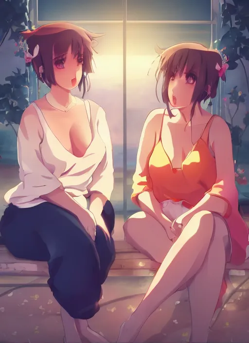 Image similar to two beautiful mothers sitting on a hot summer evening, gorgeous faces, thick lines, cinematic lighting, detailed anime art