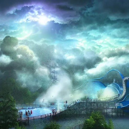 Prompt: waterpark in the clouds of heaven, digital art, cinematic lighting, epic composition, highly detailed