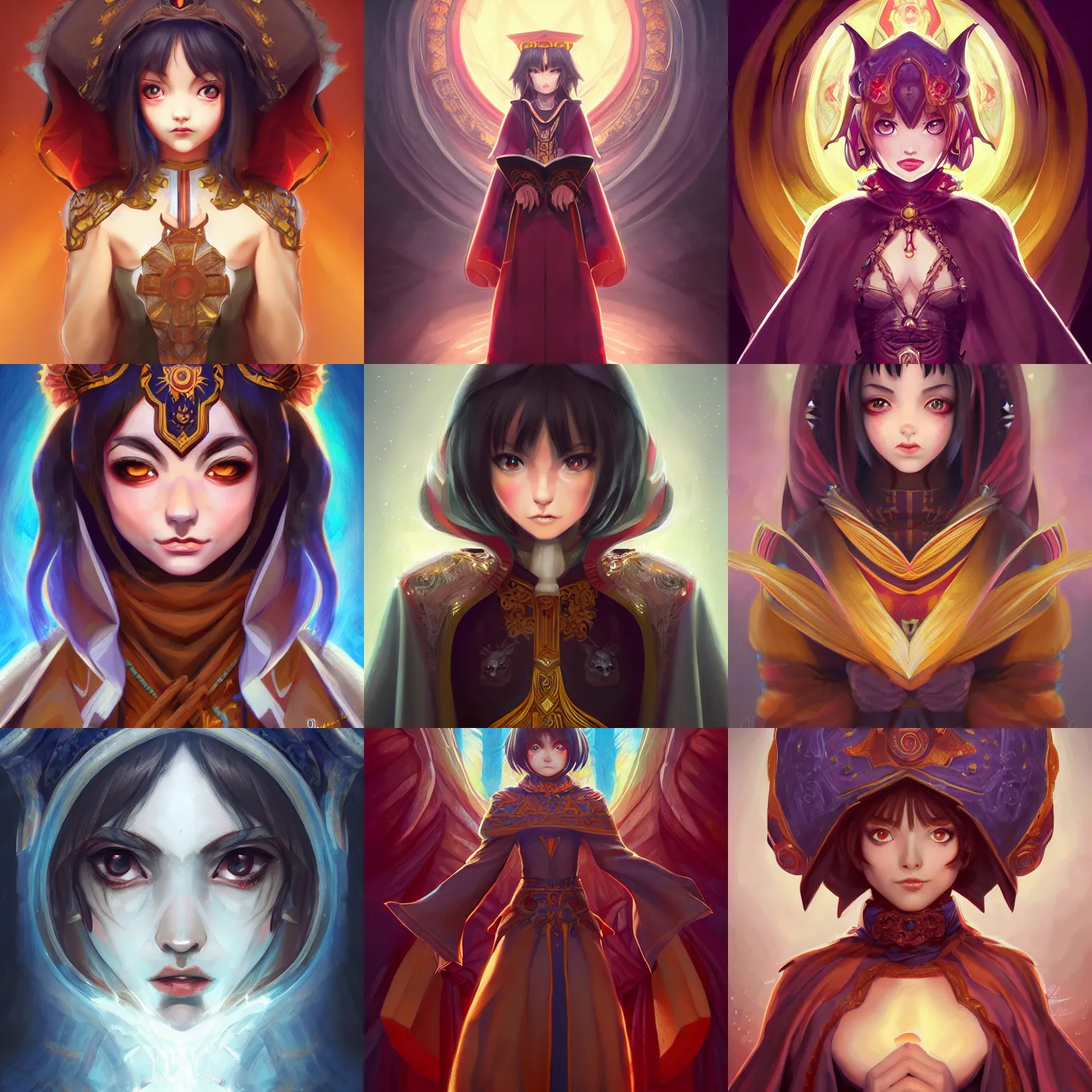 Prompt: head-on symmetrical centered painted portrait, Megumin as a D&D wizard, amber robe, fantasy, intricate, elegant, highly detailed, digital painting, smooth, sharp focus, illustration, artstation, in the style of Artgerm and Anna Podedworna and Ross Tran