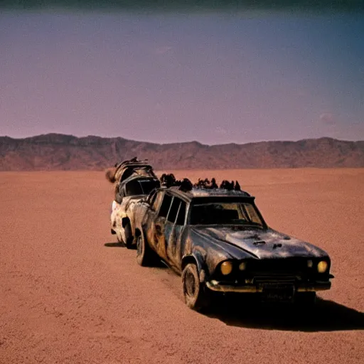 Image similar to film still, extreme far view, slipknot in mad max, apocalypse, desert, 2 6 mm, kodak ektachrome, blue tint expired film