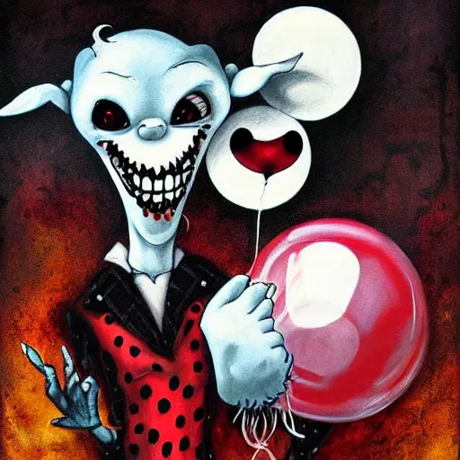 Prompt: grunge cartoon painting of goat with a wide smile and a red balloon by chris leib, loony toons style, pennywise style, corpse bride style, horror theme, detailed, elegant, intricate