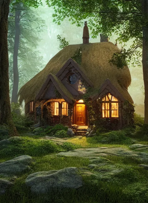 Image similar to hyper realistic homely witch cottage with random architectural styles, in the woods gorgeous lighting, highly detailed, lush forest architectural render, octane render, ue 5 raytraced