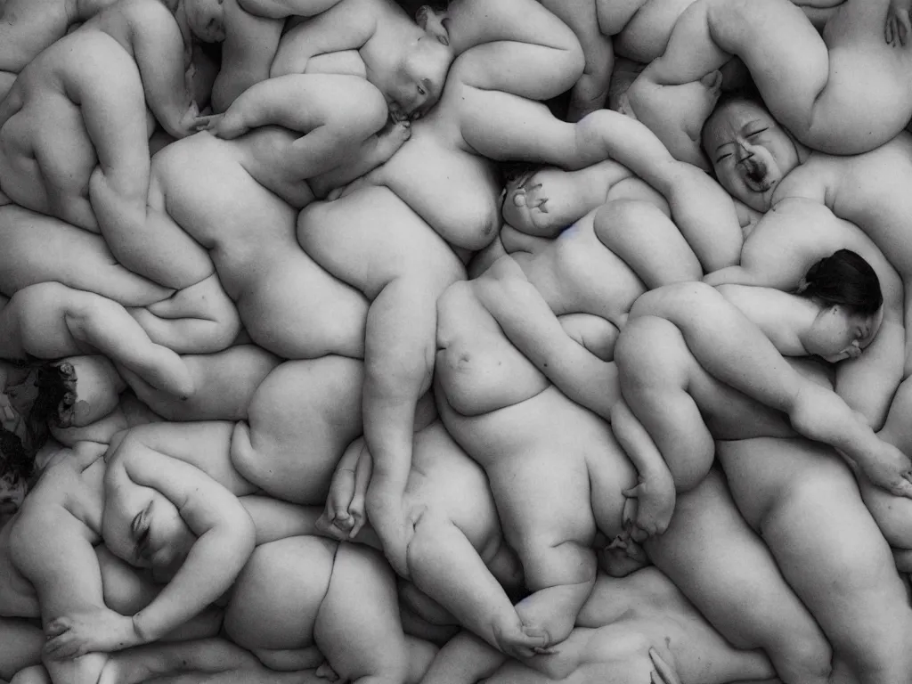 Image similar to a group of fat human bodies intertwined, dense fog, in the style of nobuyoshi araki and klimt,