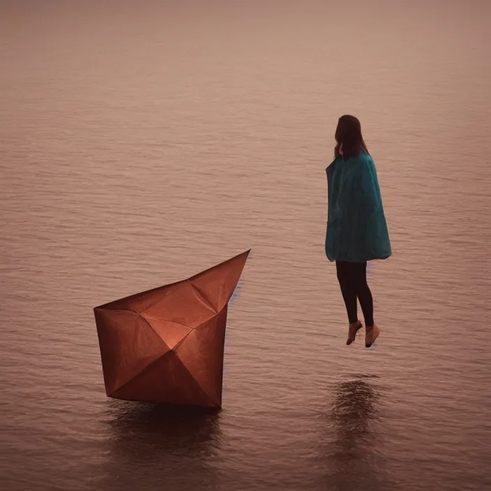 Prompt: a closeup portrait of a woman wrapped in plastic, standing next to a levitating copper triangle, in a foggy lake, color photograph, by vincent desiderio, canon eos c 3 0 0, ƒ 1. 8, 3 5 mm, 8 k, medium - format print