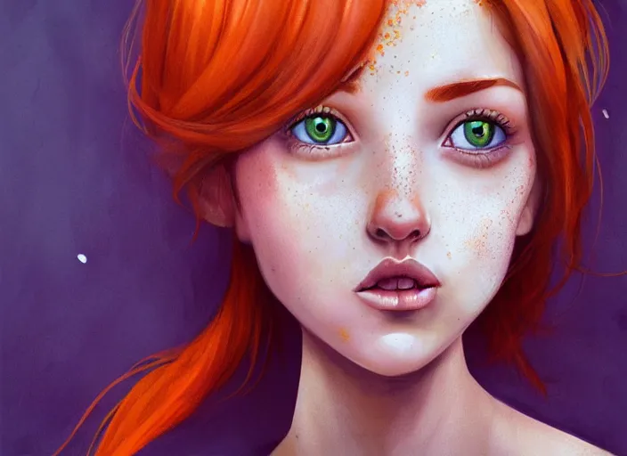 Prompt: portrait Girl with orange hair and freckles, purple background, cute-fine-face, pretty face, realistic shaded Perfect face, fine details. realistic shaded lighting by Anna Dittmann,
